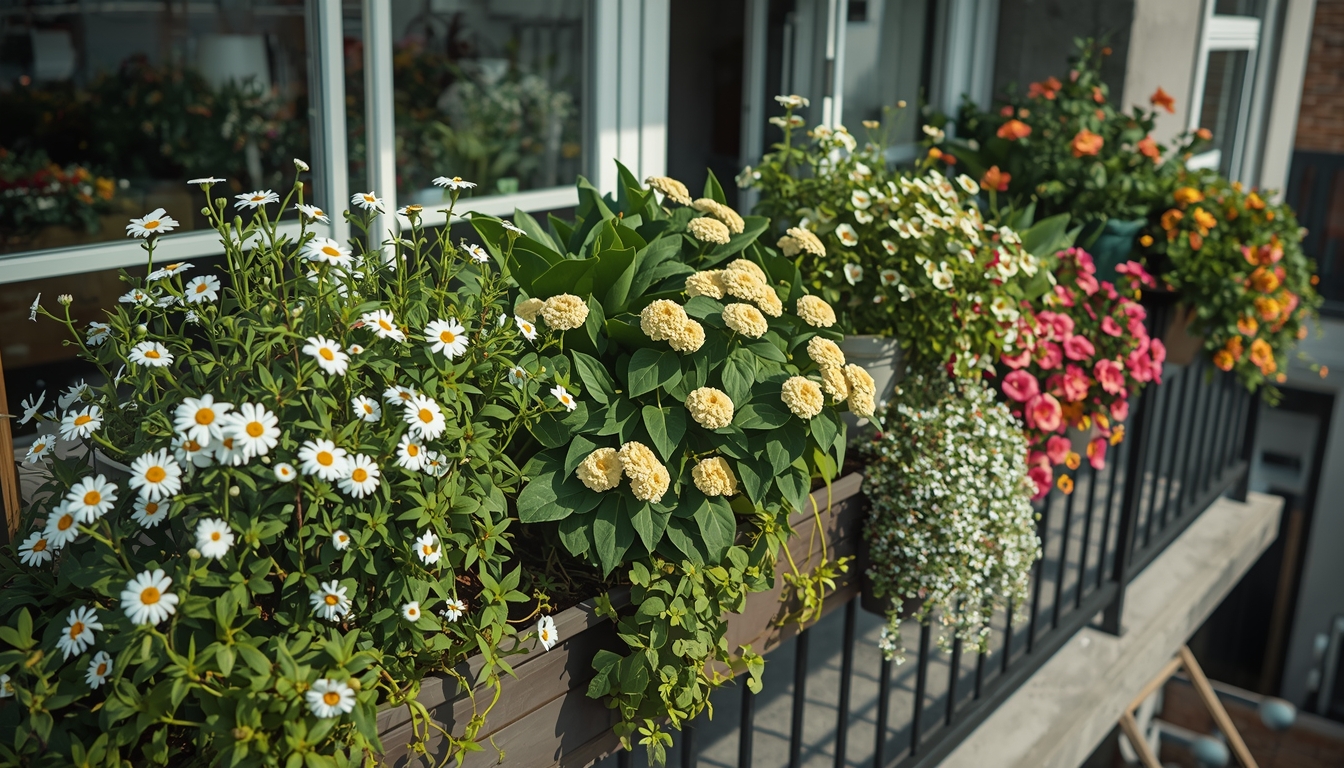 Complete balcony garden setup with flowering plants and greenery